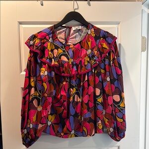 CROSBY by Mollie Burch Red and Blue Puff Sleeve Graphic Blouse